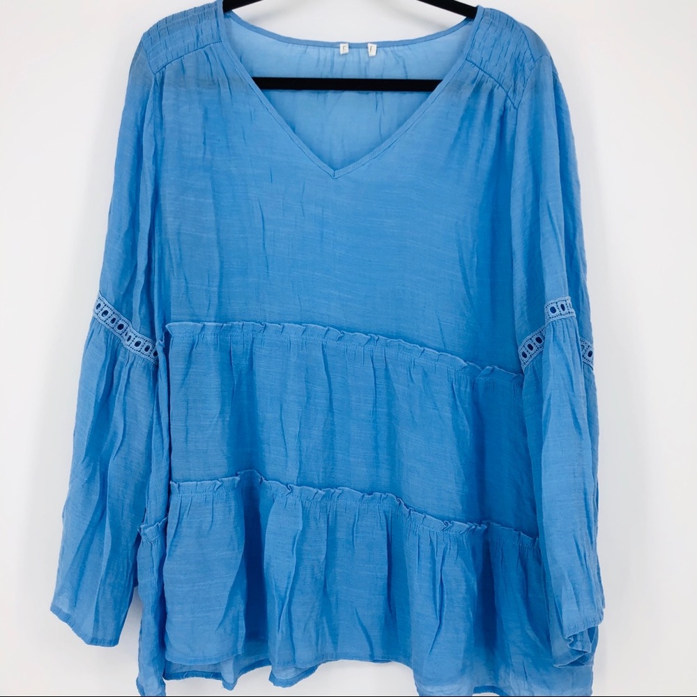 Spense Blue V Neck Blouse Eyelet Sleeves